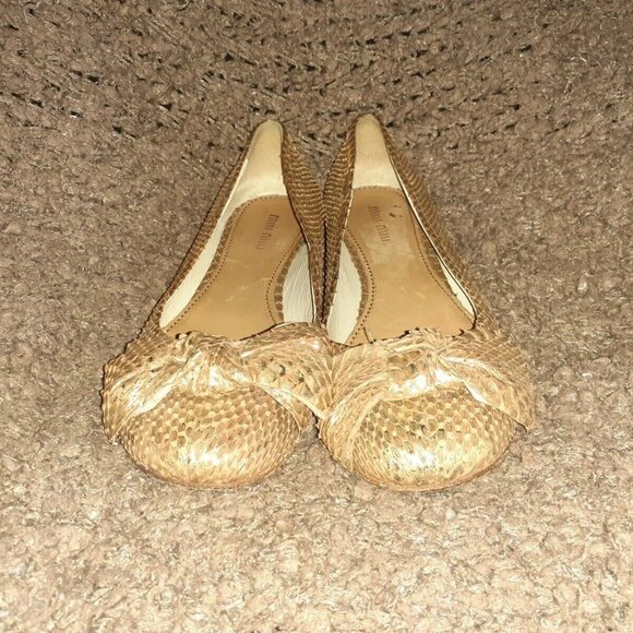MIU MIU-PRADA Gold/Tan Snakeskin Leather Flats-Bow Detail-Sz 36.5-Very Good - Picture 3 of 7